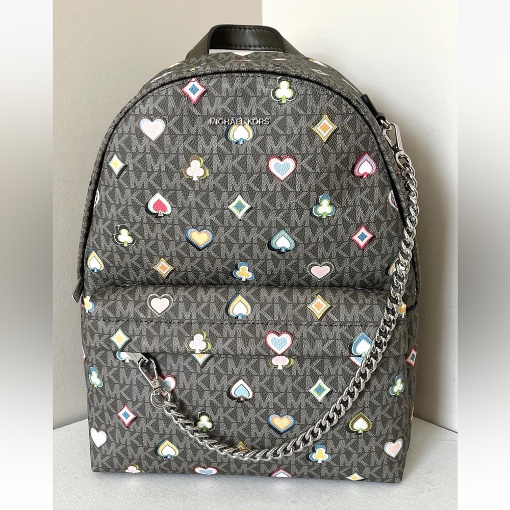 New Michael Kors Slater Medium Printed Signature Logo Backpack Olive